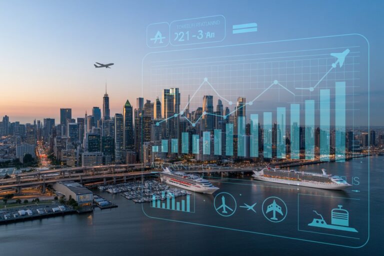 Harbor city skyline at sunset with cruise ships; a translucent holographic data dashboard overlays the scene, showing graphs and travel icons
