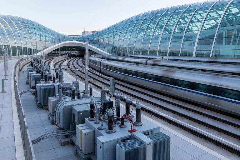 High-speed train speeds through a glass-covered station; foreground shows electrical transformers on the platform.