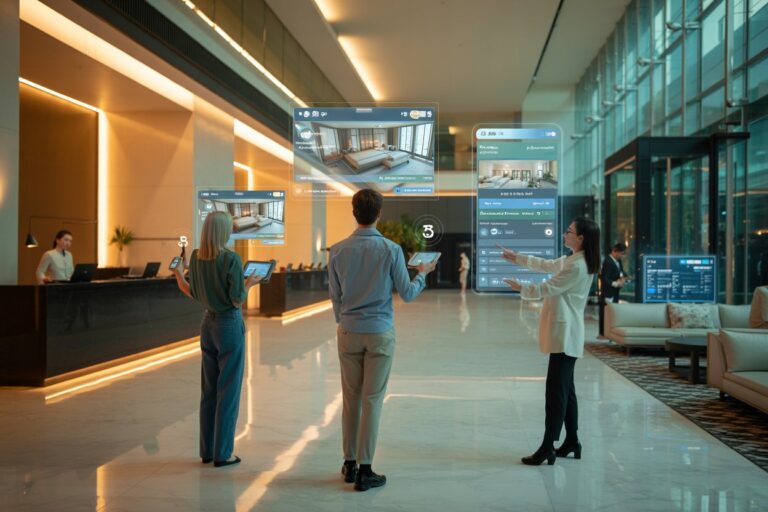 Three professionals in a modern lobby interact with floating holographic screens and tablets.