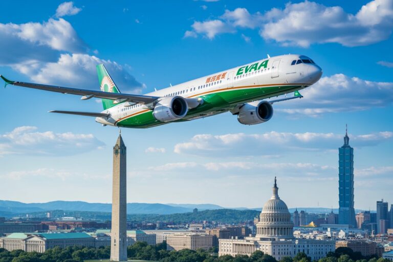 EVA Air jet soaring low over the U.S. Capitol with a city skyline in the background, blue sky above.