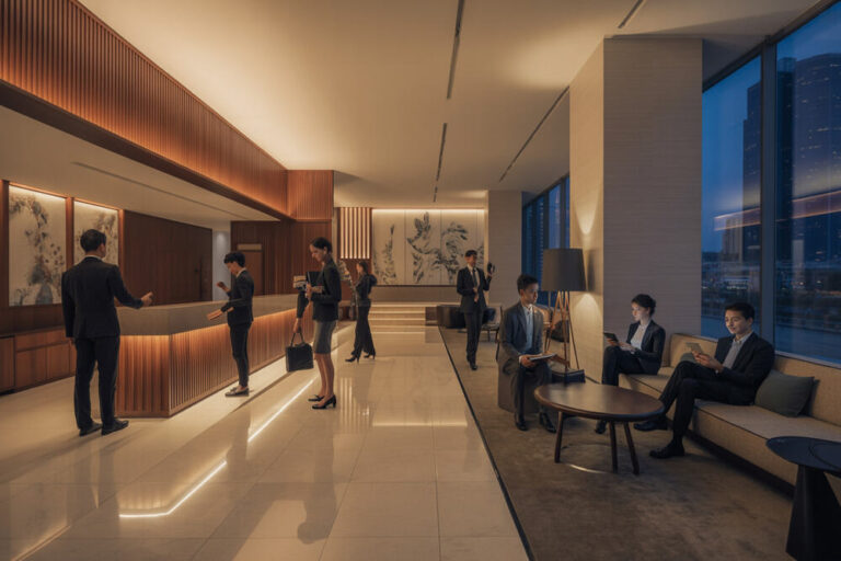 Businesspeople check in at a modern hotel reception with a long wooden counter and warm lighting, while others wait or sit in a lounge by large windows overlooking a city at dusk.