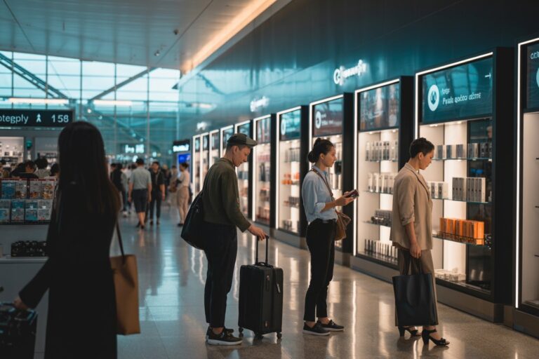 Passengers browse products along a row of illuminated duty-free storefronts in a modern airport concourse.