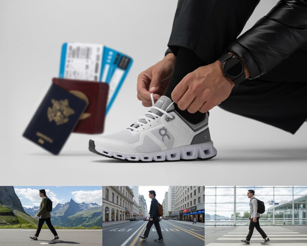 Traveler tying a white athletic shoe while passport and boarding passes float beside, smartwatch visible.