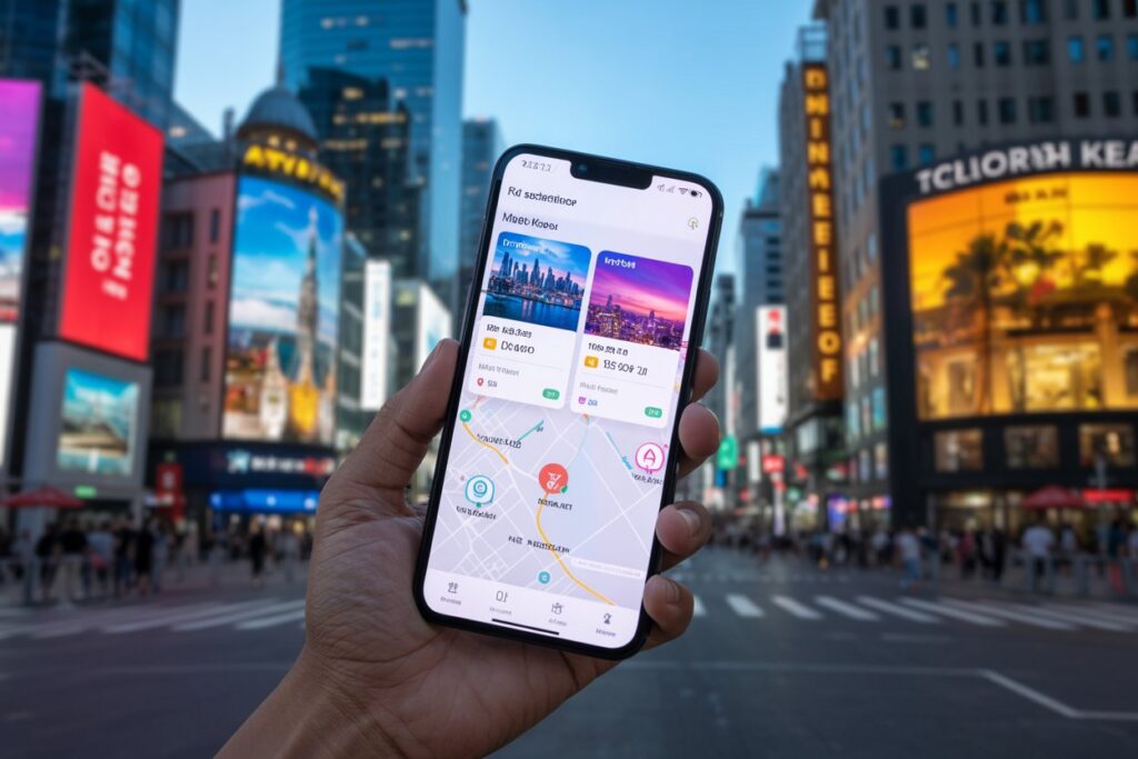 Hand holding a smartphone displaying a map app with info cards, in a busy city street with tall buildings and neon signs nearby.