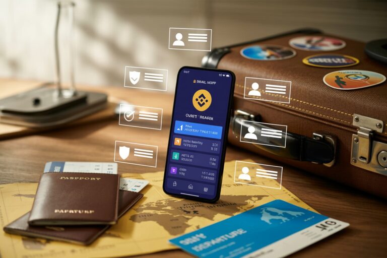 Smartphone displaying a travel app interface with floating security and profile icons above a passport, tickets, and a leather suitcase on a wooden desk.
