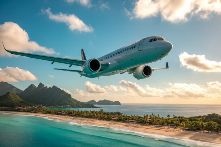 Airplane cruising low over a tropical beach with turquoise water and green mountains in the distance at sunset/late afternoon.