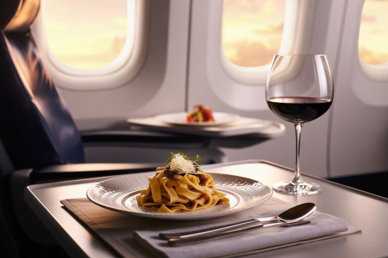 Plate of pasta with mushrooms and parmesan on a plane tray, with a glass of red wine and a sunset window in the background? plane cabin ambience included (in-flight dinner).