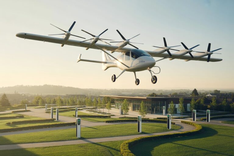 Electric aircraft lifting off above a landscaped campus-like area with charging pylons and a modern building nearby in morning light.