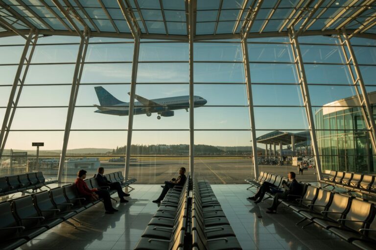 Airport terminal waiting area with rows of black seats, a jet landing outside through glass walls as passengers sit in sunlight.