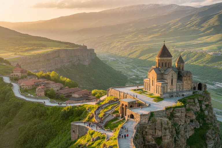 Stone church perched on a cliff with a sunlit valley and winding paths below, during sunset.