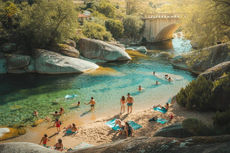 Sunlit river cove with clear turquoise water, people swimming and sunbathing on a sandy beach among rocks and trees; a stone bridge in the background.