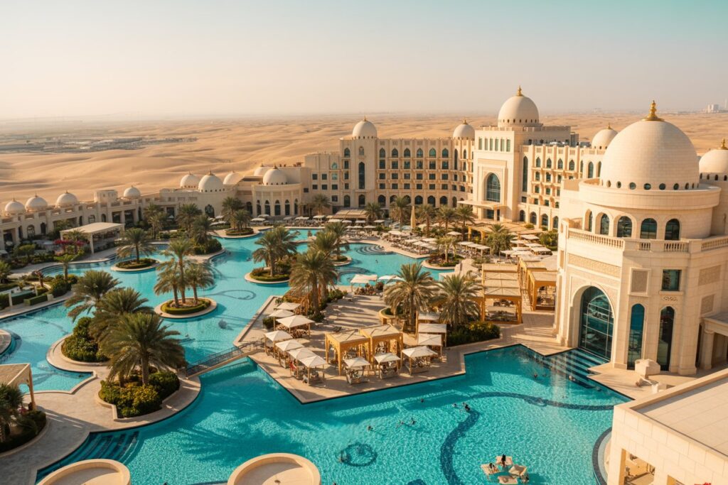 Luxurious resort with white domed buildings surrounding a turquoise pool and palm-lined courtyards in a desert setting.