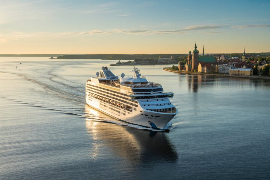 A large white cruise ship gliding through calm water near a historic riverside town at sunset.