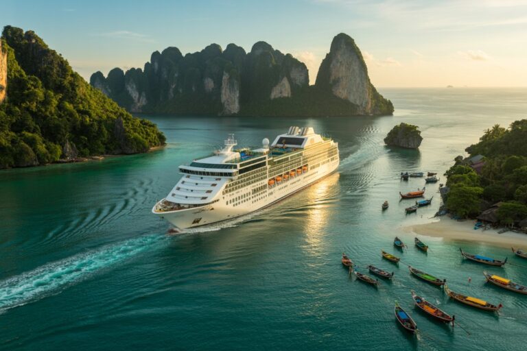 Large white cruise ship sailing through turquoise water with limestone cliffs in the background at sunset.