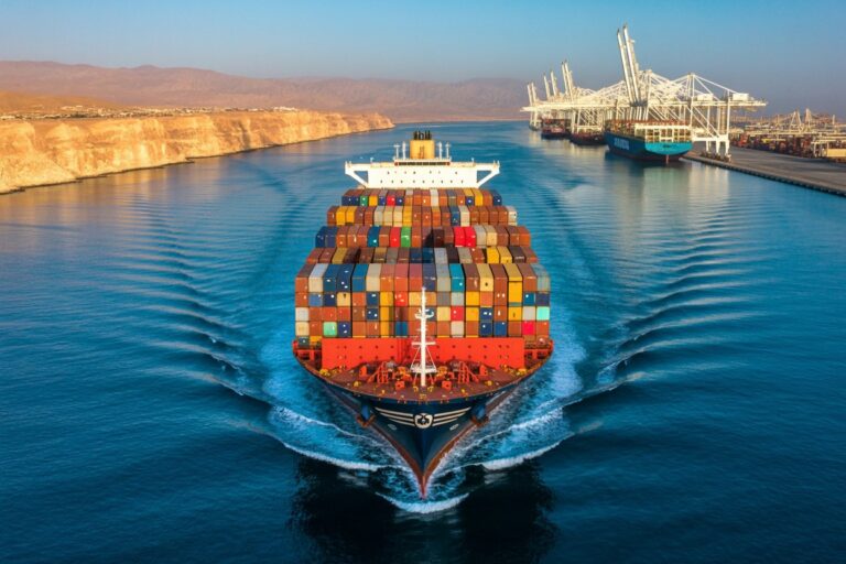 Container ship with colorful stacked cargo containers sailing toward a port, wake in blue water with cranes visible at the dock.