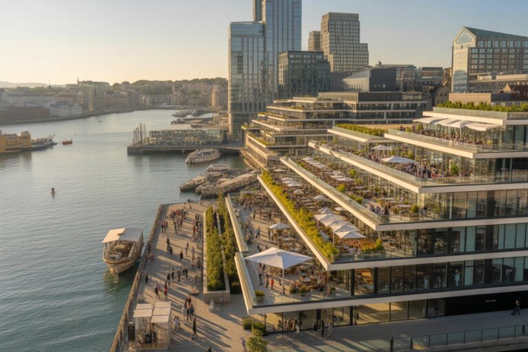 Modern multi-tiered riverside building with terraces and outdoor dining along a harbor at sunset (people dining and strolling). [Informative]**
