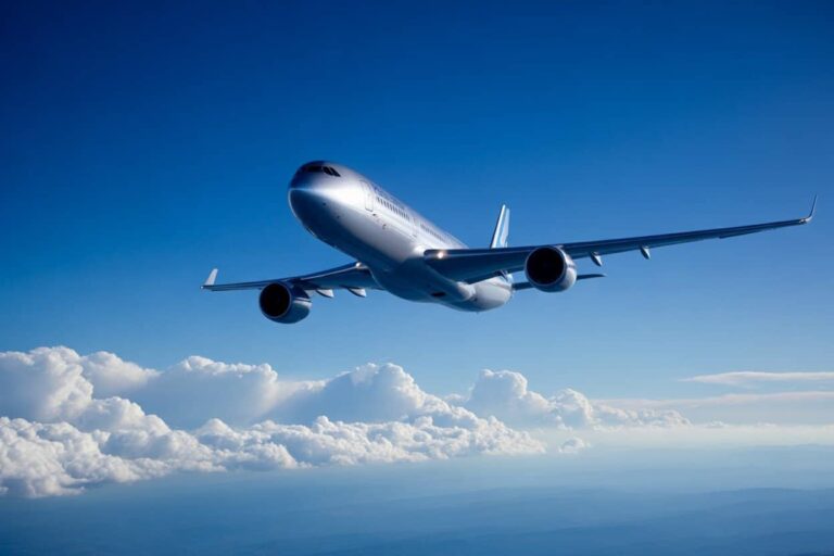 Commercial airliner flying above white clouds against a blue sky, midflight with wings outstretched.