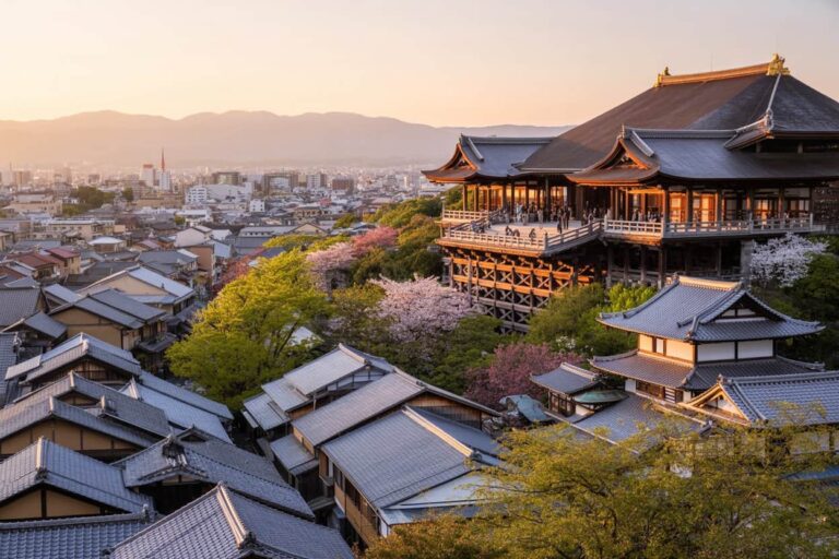 Japanese temple complex perched on a hillside overlooking a city at sunset, with cherry blossoms in bloom nearby