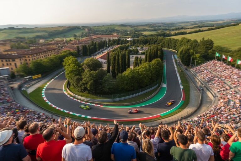Aerial view of a winding race track filled with spectators in the stands and three Formula 1 cars racing along the curve into a green, red, and white curbs section.