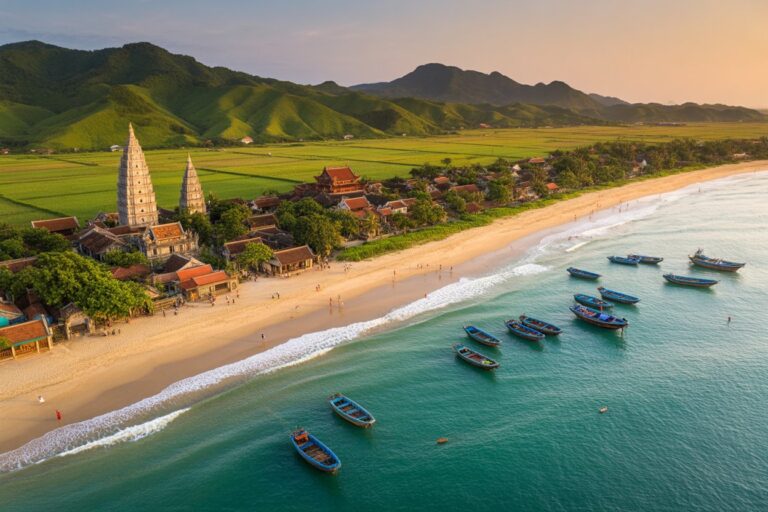 Aerial view of a beachside village with two tall temple towers, red-roofed houses, green fields, and fishing boats in turquoise water at sunset.