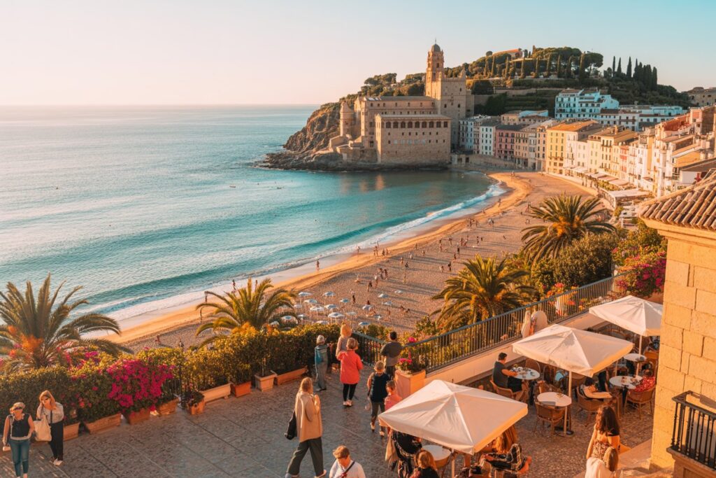 Sunset over a Mediterranean beach town with a sandy bay, turquoise water, palm trees, and colorful hillside buildings; people sit and stroll on a terrace.