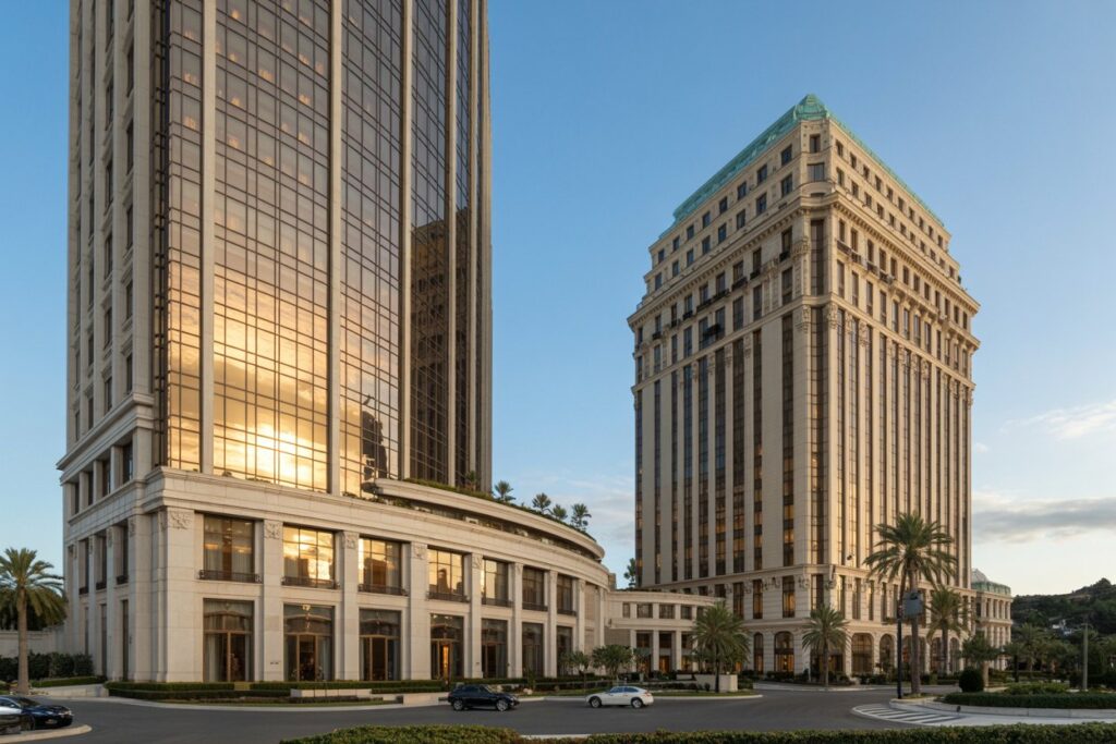 Two tall glass-clad office towers with a curved podium, palm trees, and a roundabout in a sunny urban plaza.