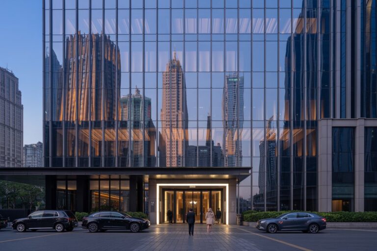 Glass skyscraper reflecting city skyline; lit entrance with two people walking toward doors and several cars in front.