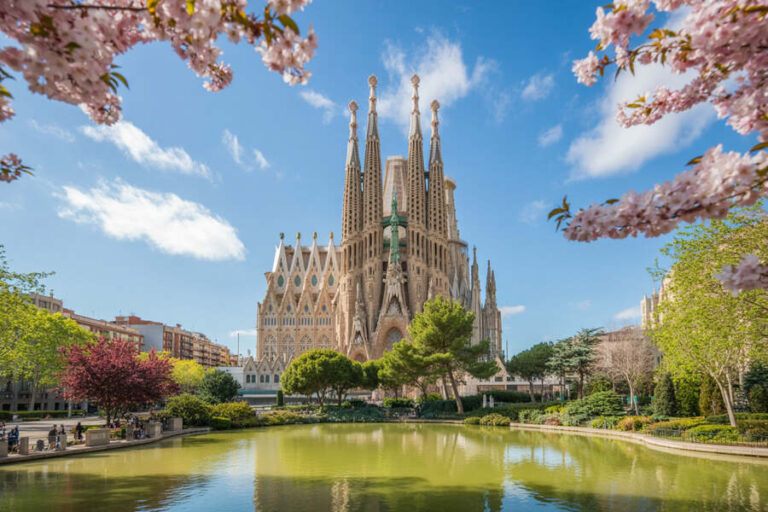 Sagrada Família in Barcelona framed by pink cherry blossoms above a reflective pond in a sunny park.