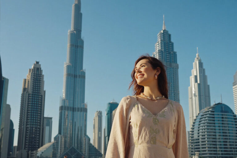 Woman in a beige dress smiles while standing in front of a cluster of tall glass skyscrapers under a clear blue sky.