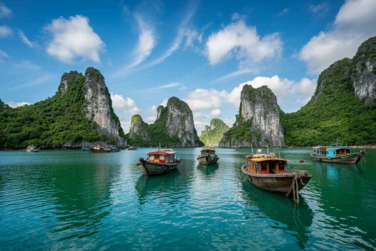 Boats floating on turquoise water with tall green limestone cliffs rising from the bay under a bright blue sky on a sunny day as scenery.
