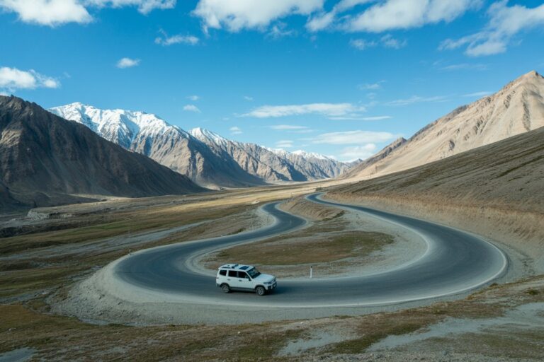 White SUV navigates a sharp hairpin turn on a winding mountain road under a blue sky with snow-capped peaks in the background.