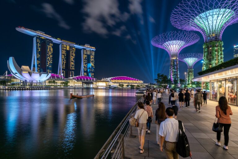 Nighttime view of Marina Bay Sands and the lit Supertree Grove along the promenade in Singapore.",
