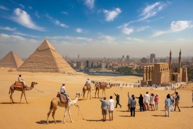 Tourists ride camels on a sandy foreground near the Great Pyramids of Giza, with a city skyline in the distance and a historic temple on the right.