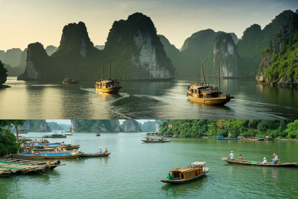 Limestone karst cliffs rise from calm bay waters with several wooden boats sailing at sunset, two-panel scene (top and bottom).