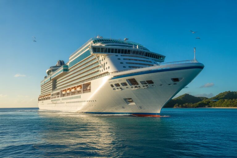 Large white cruise ship with many decks sailing near a tropical coastline on a clear blue day.
