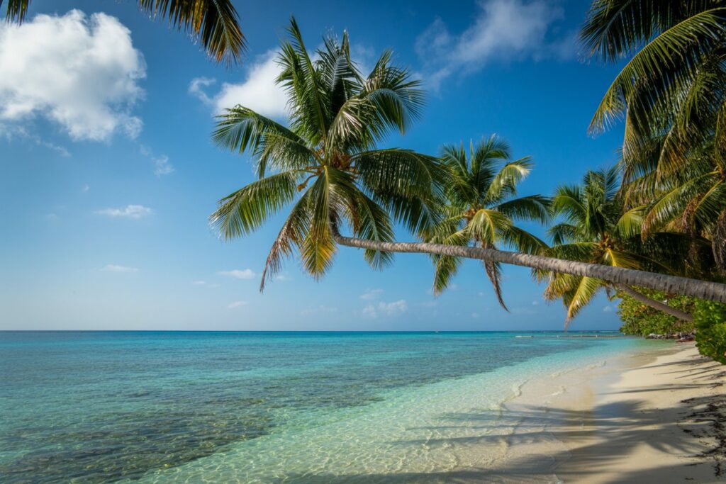 Tropical beach with clear turquoise water, white sand, and a leaning palm tree under a bright blue sky.