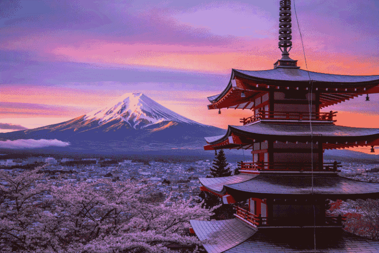 Snowy Mount Fuji at sunset behind a red Japanes​e pagoda with blooming cherry trees in the foreground.