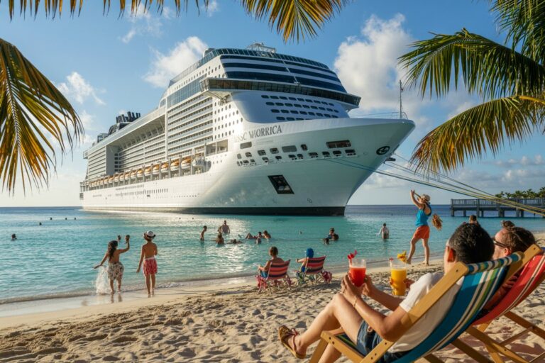 A large white cruise ship anchored off a tropical beach with people swimming and sunbathing on the shore under palm trees.