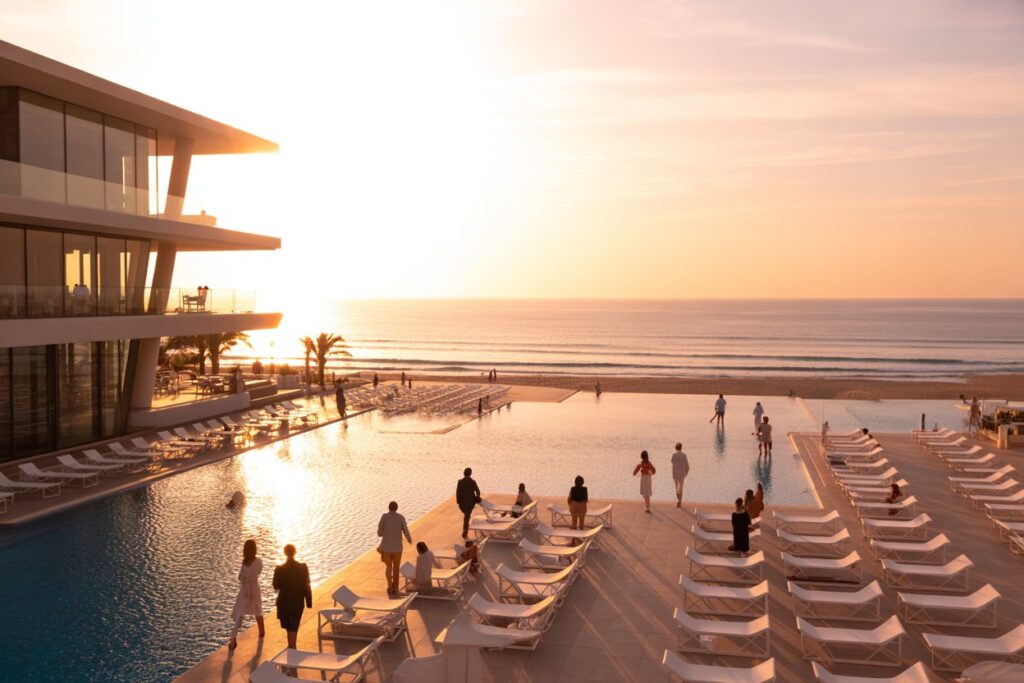Sunset at a seaside resort with a long pool, lounge chairs, and guests strolling along the pool deck toward the beach.