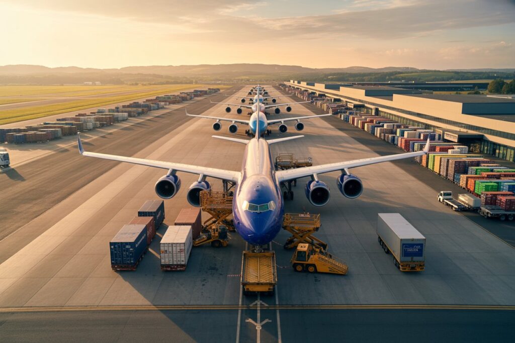 Wide view of a blue passenger jet at a busy cargo terminal, several aircraft lined up on the tarmac with containers and warehouses in the background