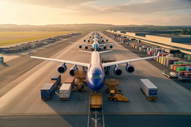 Wide view of a blue passenger jet at a busy cargo terminal, several aircraft lined up on the tarmac with containers and warehouses in the background