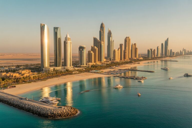 Aerial view of Dubai's skyline along the coast at sunset, with tall glass skyscrapers, a sandy beach, and a marina with boats in turquoise water