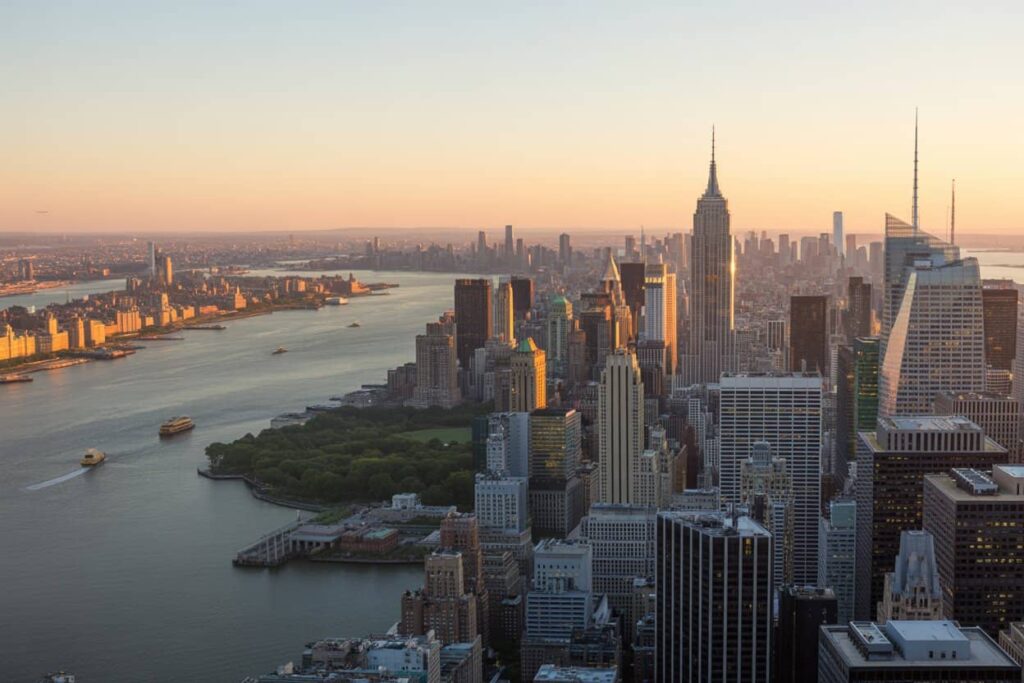 Aerial view of Manhattan skyline at sunset with the East River in the foreground and boats on the water