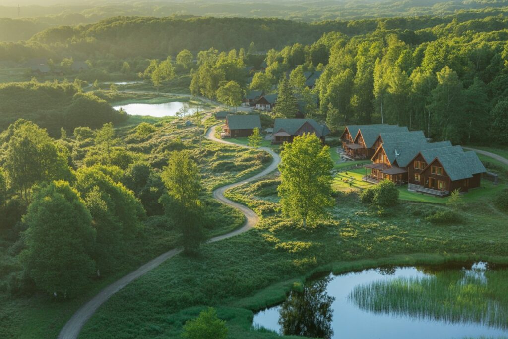 Aerial view of a wooded hillside resort with wooden cabins along a winding path and a lake