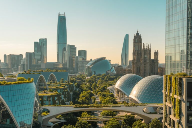 Wide view of a modern city skyline with glass domes, tall towers, and elevated walkways amid green rooftops under a clear sky, conveying a futuristic urban park.