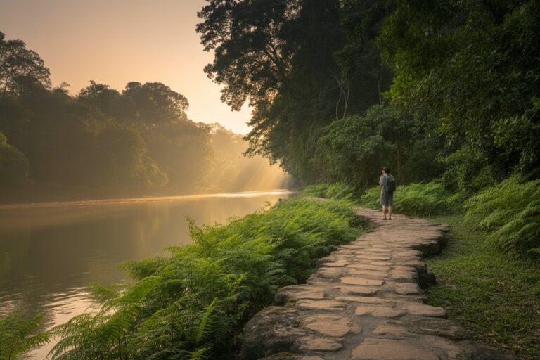 Hiker with backpack walking along a stone river path at sunrise, misty trees in the background and sunbeams breaking through the forest."
