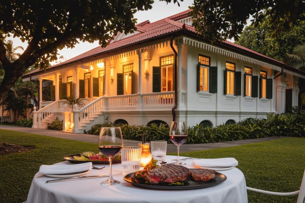 Romantic outdoor dinner setup with steak and wine on a white-clothed table near a lit colonial-style house at dusk, with candles flickering.