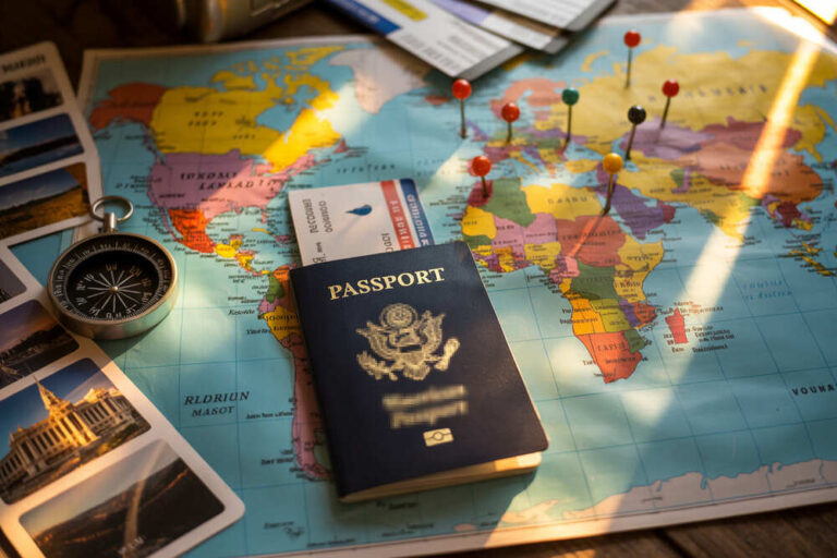 US passport resting on a colorful world map with push pins, travel photos, and a compass nearby for travel planning.