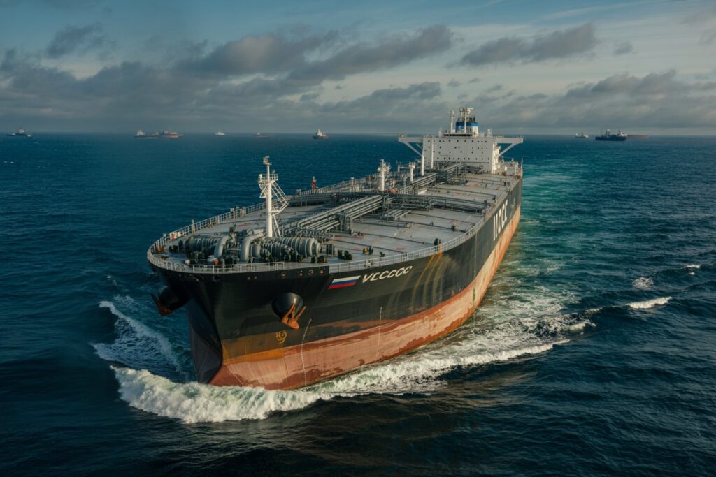 A large oil tanker sails through the open sea, its bow creating a white wake as it moves forward.