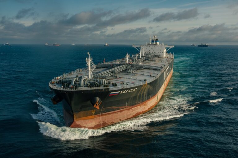 A large oil tanker sails through the open sea, its bow creating a white wake as it moves forward.